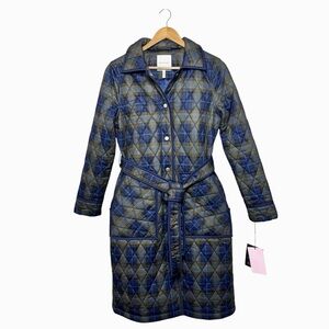 New Avec Les Filles Blue and Green  Plaid Quilted Coat Jacket